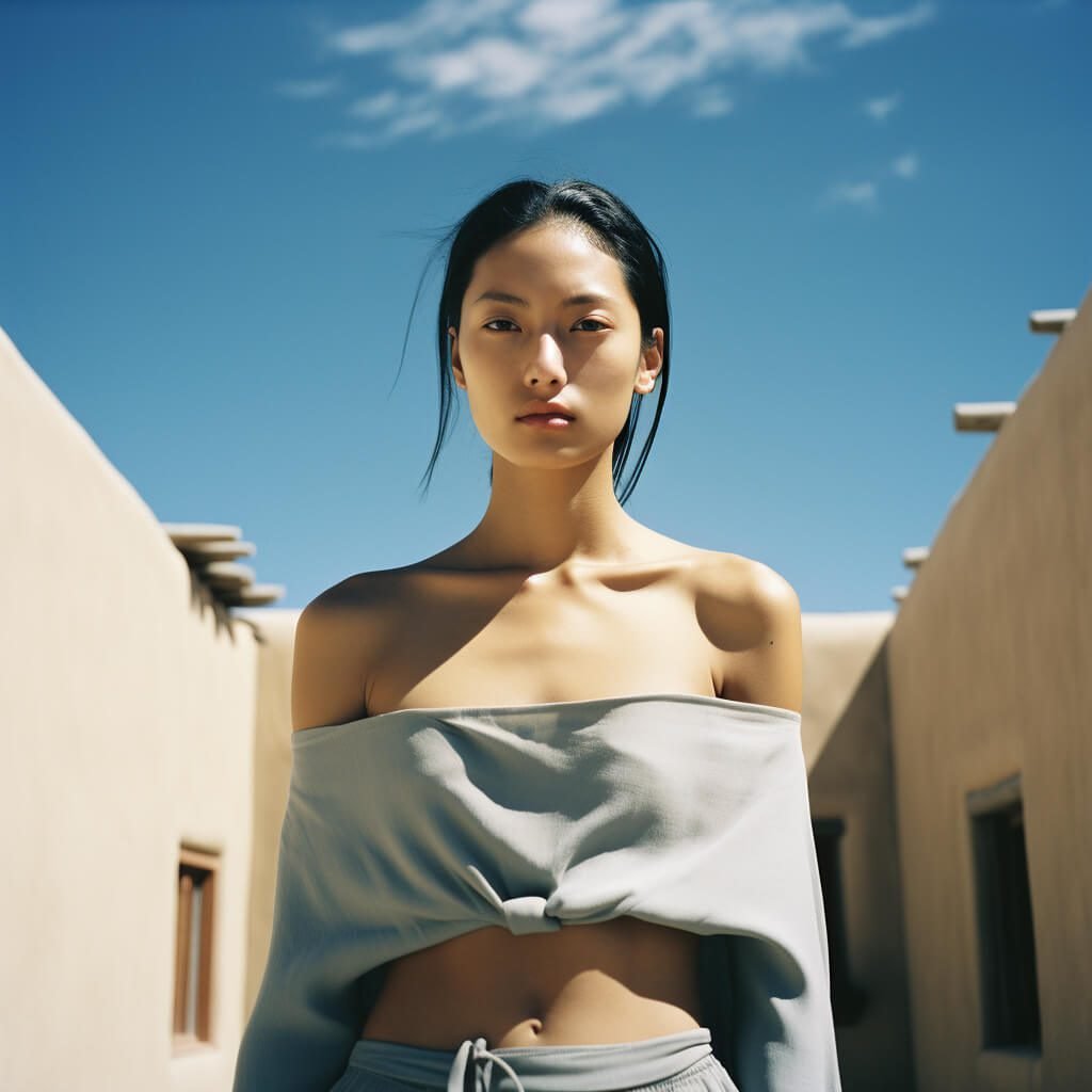 Serene-East-Asian-Woman-with-Pastel-Blue-Top-Against-Adobe-Architecture-and-Blue-Sky Serene-East-Asian-Woman-with-Pastel-Blue-Top-Against-Adobe-Architecture-and-Blue-Sky