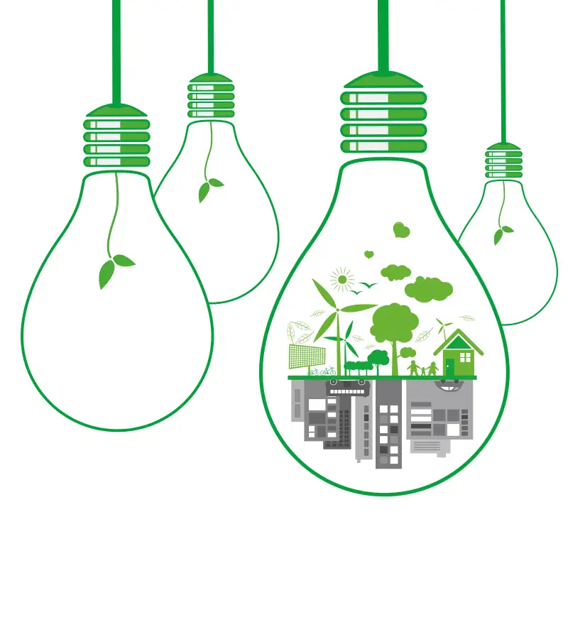 Green light bulb outlines with city and nature icons for energy-efficient design