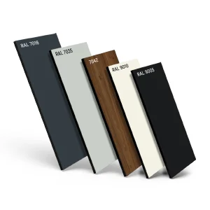 Exterior HPL panel samples in dark grey, light grey, woodgrain, white and black finishes