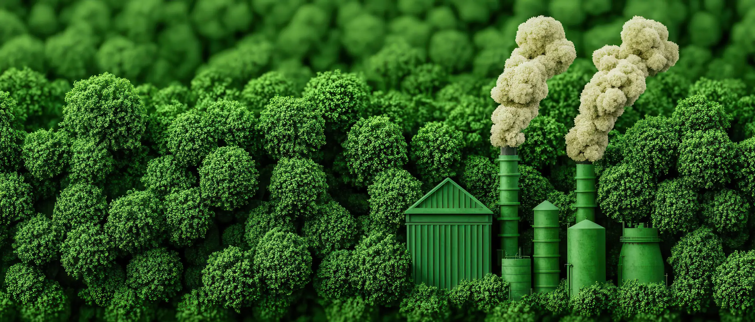 Green industrial facility surrounded by dense forest