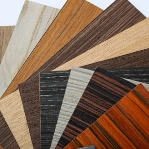 Fan of woodgrain and decorative laminate surface samples