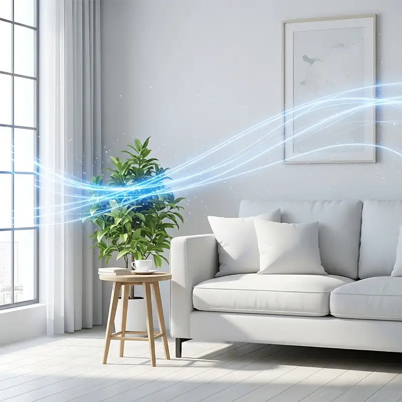 Bright living room with airflow lines representing low-emission materials and indoor air quality