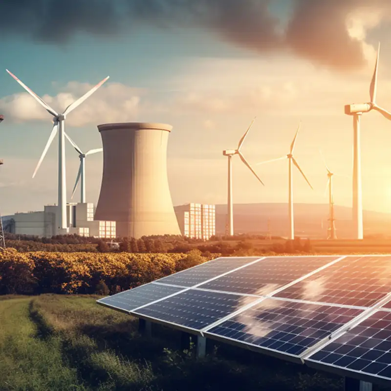 Solar panels and wind turbines representing renewable energy for sustainable manufacturing