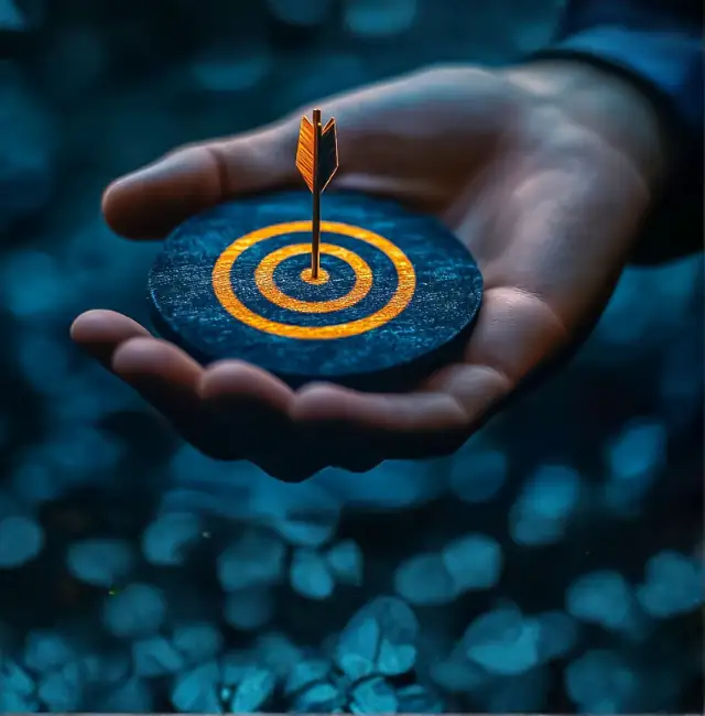 Hand holding a target with an arrow in the centre