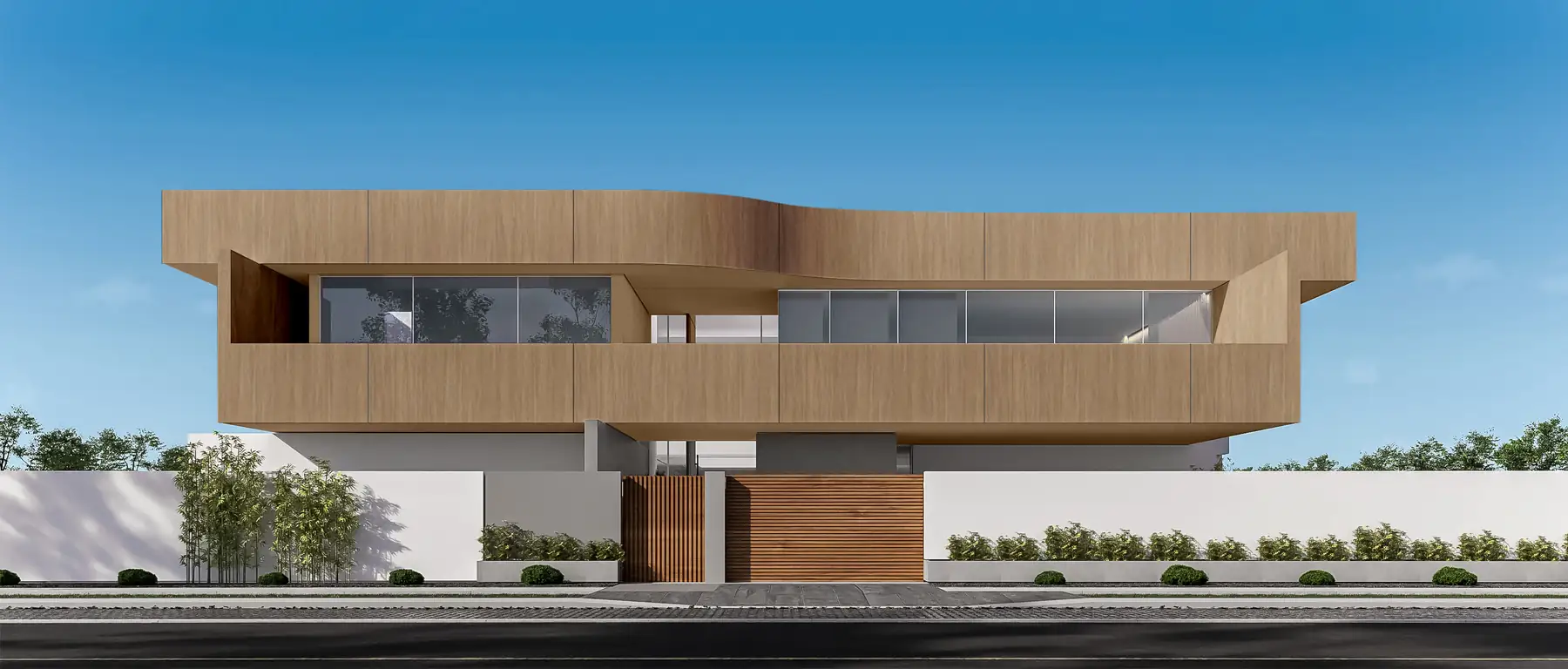 Modern building facade with wood-finish HPL cladding and large glass windows