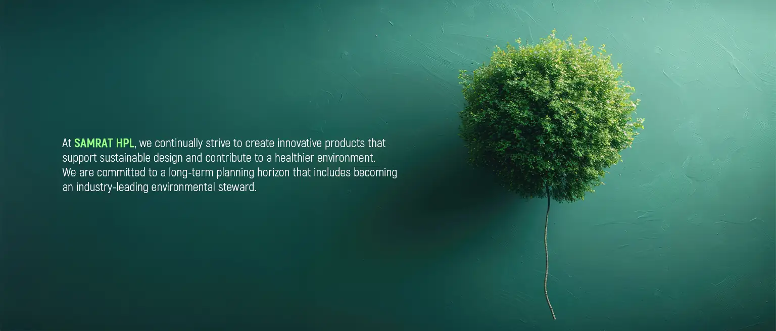 Samrat HPL sustainability message with a tree on a green background