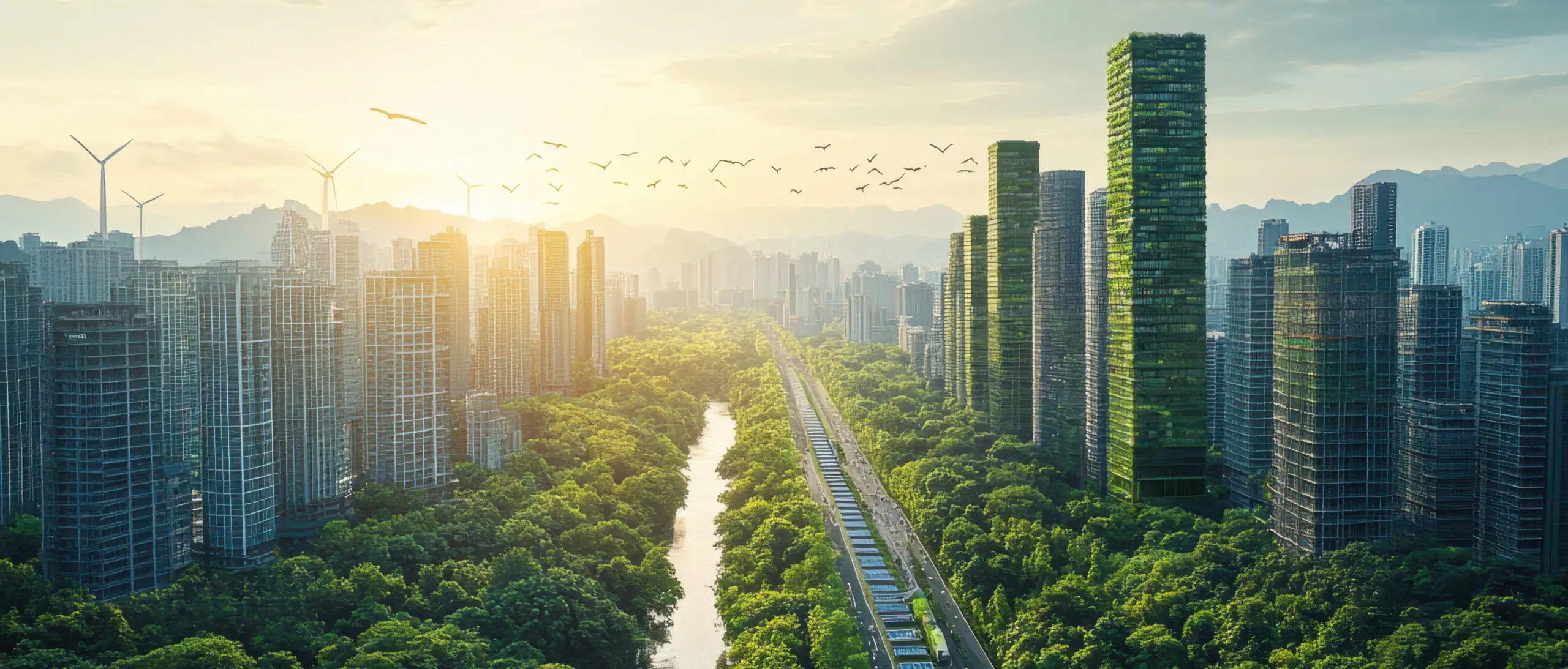 Green city skyline with trees, wind turbines and high-rise buildings