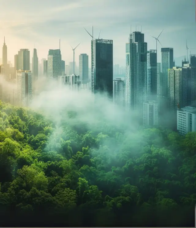 City skyline rising above dense green forest and mist
