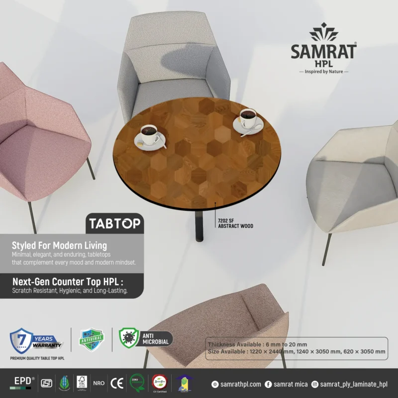Abstract Wood Tabtop HPL round table with lounge chairs and coffee cups