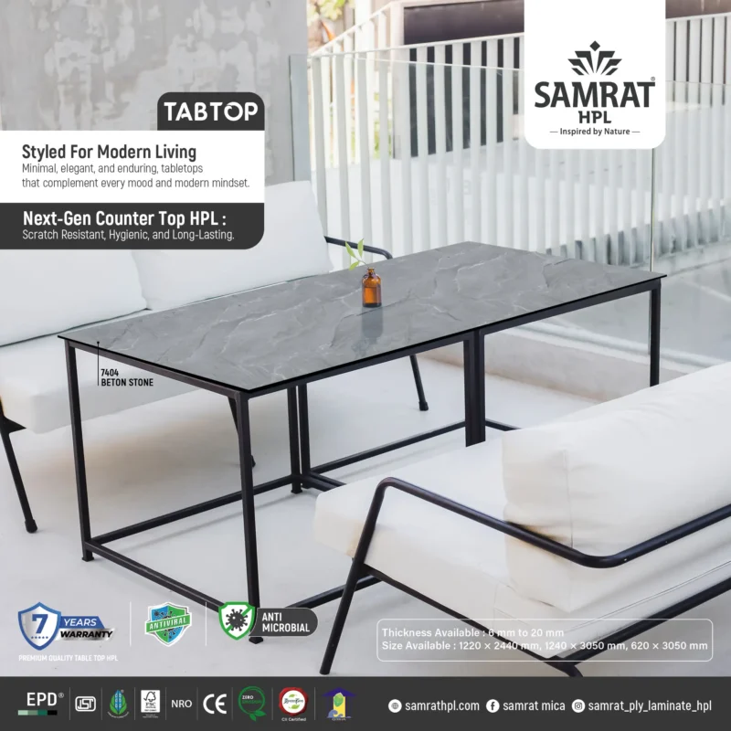 Beton Stone Tabtop HPL table in a minimal outdoor seating area