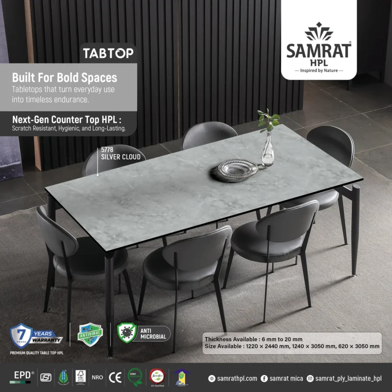 Silver Cloud Tabtop HPL rectangular table in a modern dining interior