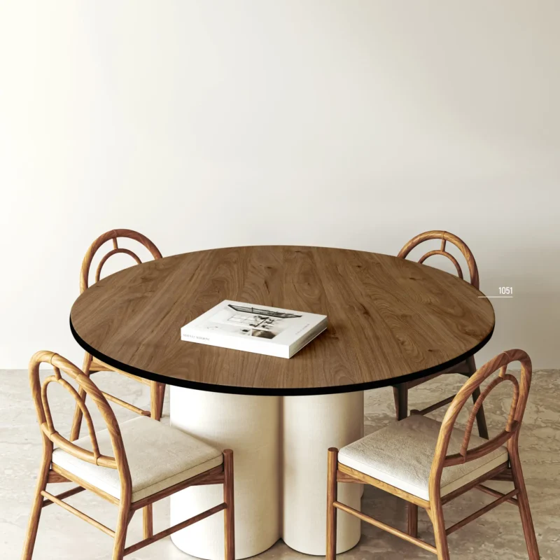 Round wood-finish Counter Top HPL dining table with four chairs